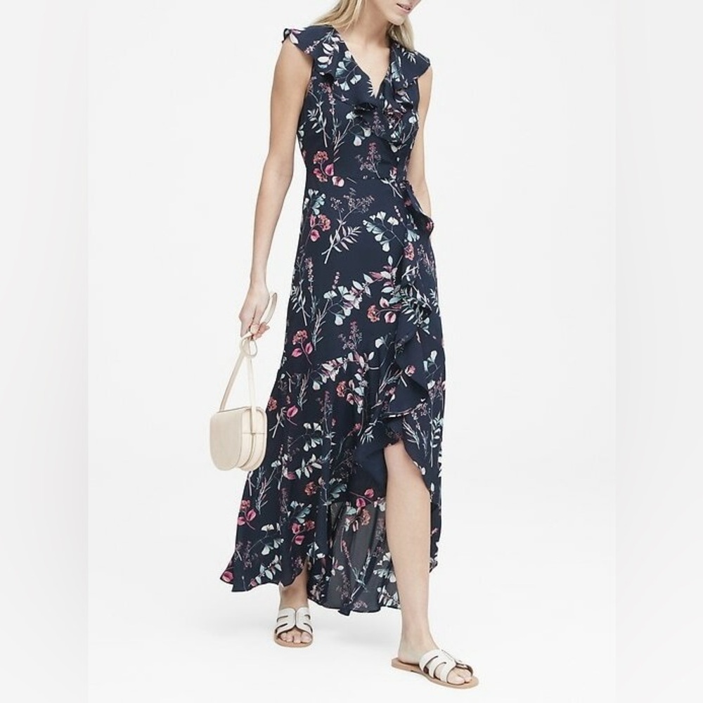 Banana Republic Navy Floral Wrap Midi Dress Ruffle Dark Cottage Flare Boho 8